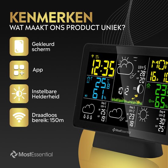 MostEssential Weerstation Wifi Edition - Draadloos Weerstation met Buitensensor - Hygrometer - Binnen en Buiten - 150 Meter Bereik - Inclusief App - Zwart - 2 sensors