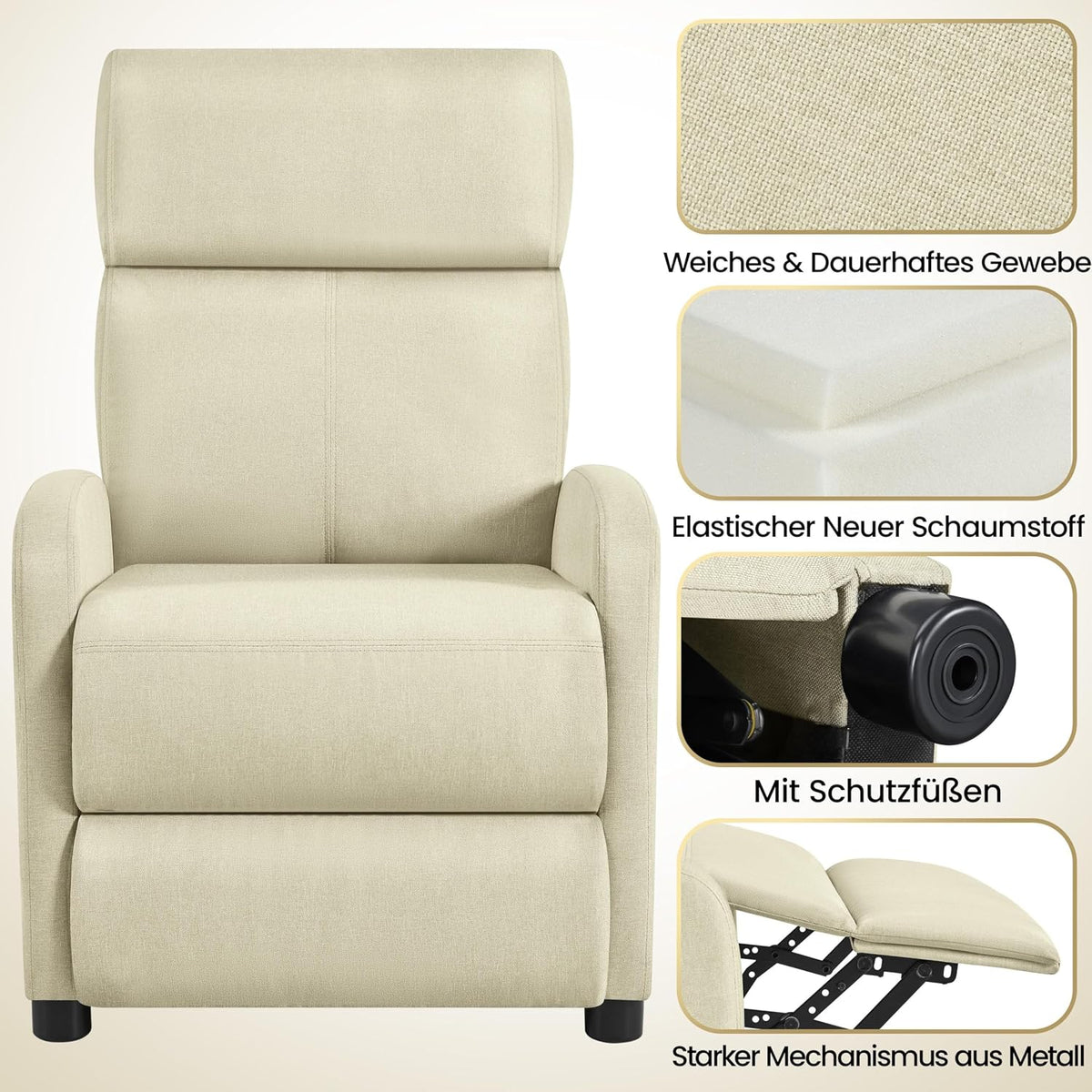Yaheetech Relaxstoel TV Stoel - 87 x 61,5 x 99 cm - Verstelbare Voetsteun - Beige