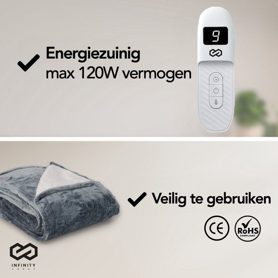 Infinity Goods Elektrische Deken - Warmtedeken - 2-Persoons - 180 x 160 cm - Met Timer - Bovendeken - Fleece - Antraciet