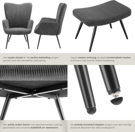 tectake® Oorfauteuil met Hocker – Scandinavische Teddy Bouclé Fauteuil – Lounge- en Woonkamerstoel – Zwart Metalen Poten – Draagvermogen 150kg – Corduroy - Grijs