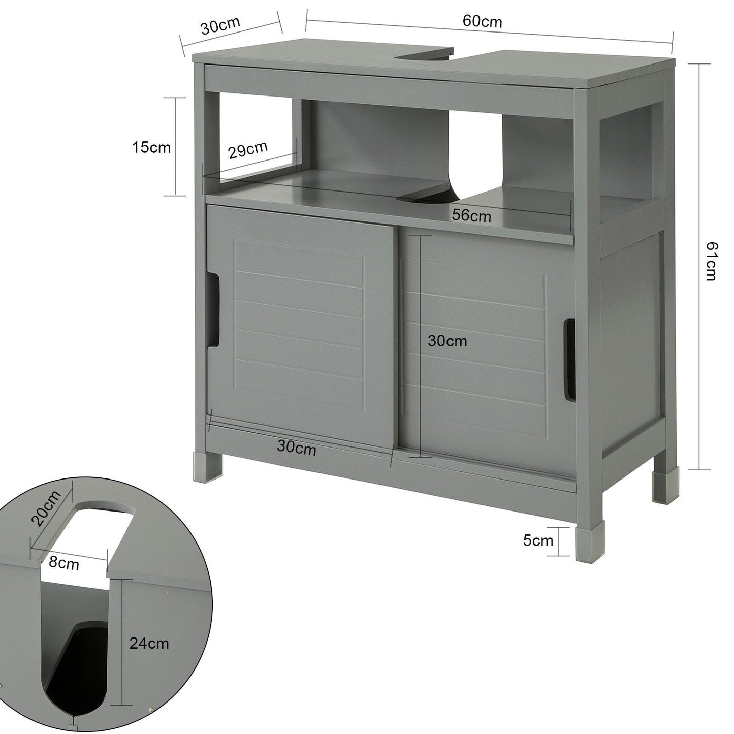 SoBuy FRG128-SG Wastafelmeubel - 2 Schuifdeuren 1 Plank - Grijs - 60x61x30 cm