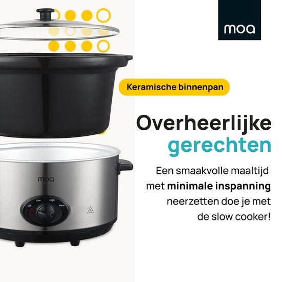 MOA Slowcooker - 6,5 liter - Keramische Binnenpan - Zilverkleurig - SC65