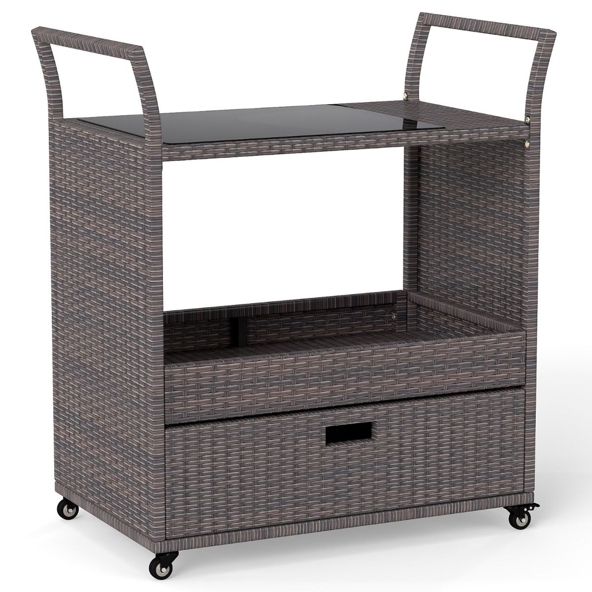 Coast Rieten Barwagen - met gehard glazen blad - grote lade en open plank - bruin - 85 x 47 x 92 cm