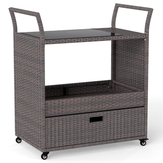 Coast Rieten Barwagen - met gehard glazen blad - grote lade en open plank - bruin - 85 x 47 x 92 cm