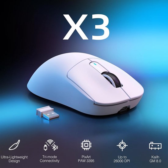 ATTACK SHARK X3 Draadloze Gaming Muis - Wired/2.4G/BT5.4 - Lichtgewicht 49G - PAW3395 - 26000DPI - Wit