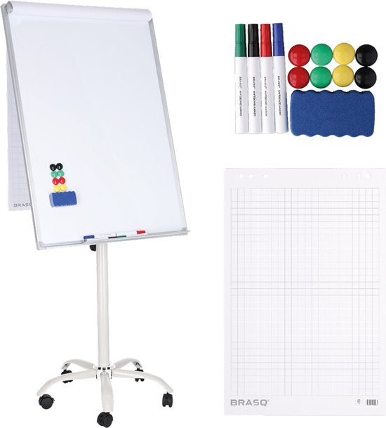 BRASQ Flipover Verrijdbaar - 70x100 cm - Verstelbaar Whiteboard - Inclusief 25 vellen papier, 4 stiften, 8 magneten, wisser - Flipover met papierklem en haken - Magnetisch bord - Magneetbord - Wit