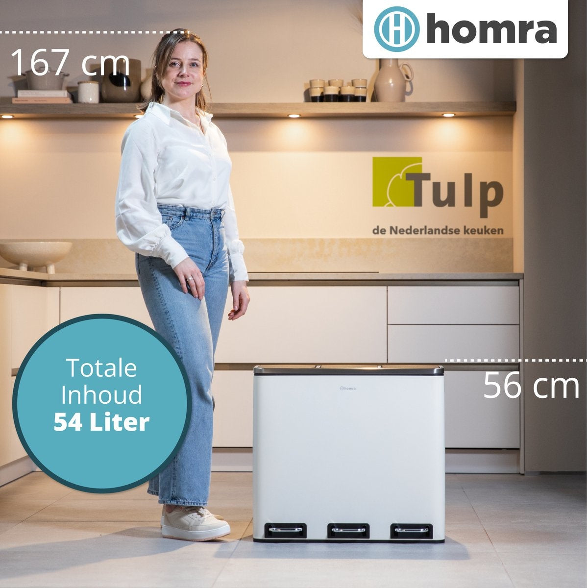 Homra SPARQ Pedaalemmer 3 vakken - 3 x 18 L inhoud - 54 Liter - Crème Wit RVS - Trio Afvalscheiding prullenbak  - 3-vaks Recycle Afvalemmer - Hygiënisch Afval Scheiden - Witte Keuken Vuilbak - Kantoor Prullenbak - Pedaal - Afvalscheidingsprullenbak