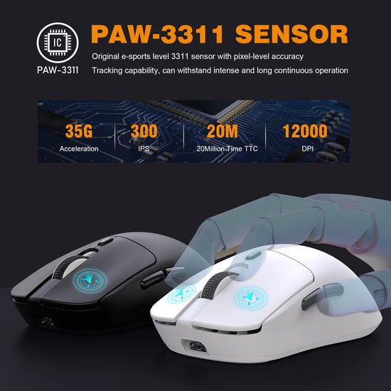 HXSJ T68 - 2.4G Draadloze Gaming Muis - 12000DPI - PAW3311 - FPS/MOBA/MMO - Gaming muizen - Ultra licht - Zwart