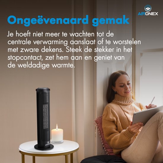 Elektrische Kachel 2000 Watt van Aironex - Keramische Zwarte Kachelventilator - Kachel Electrisch - Verwarming Elektrisch - Heater - Ventilatorkachel met afstandsbediening en timerfunctie