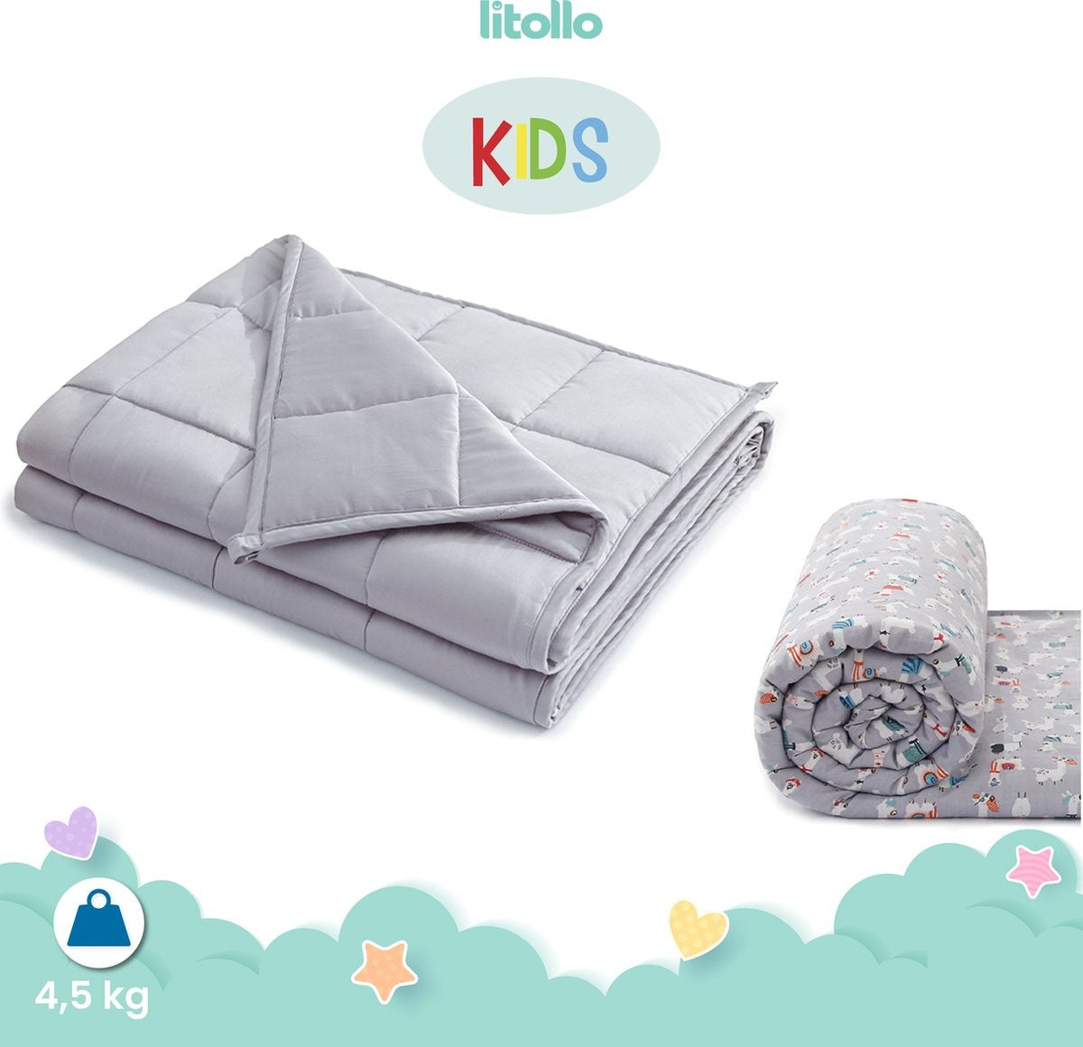 Litollo Verzwaringsdeken Kind 4,5 kg Met Dierpatroon buitenhoes - Duurzaam Bamboe Materiaal - Grijs - 100x150cm