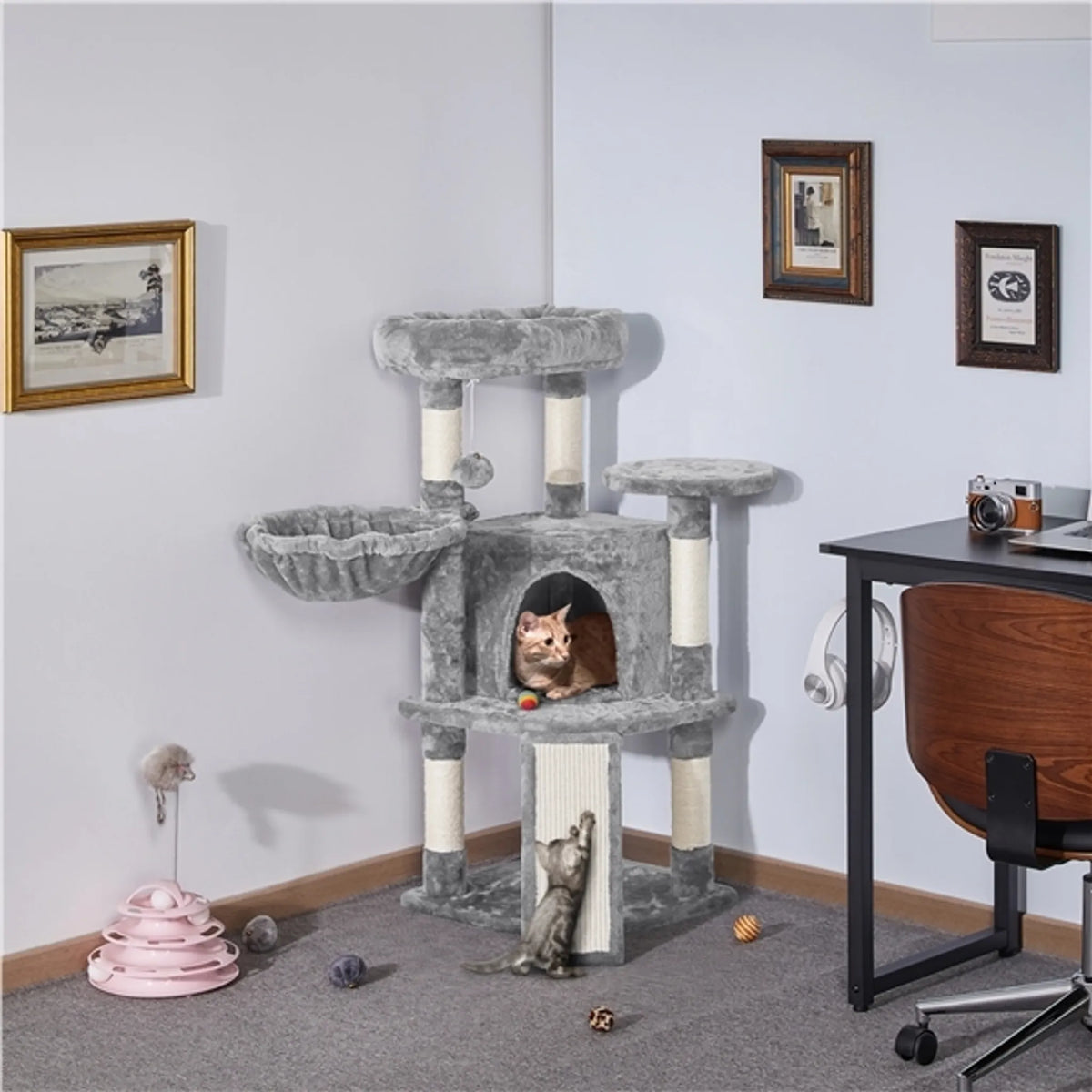 Yaheetech Krabpaal Met 5 Sisalpalen – Voorzien Van Gewatteerd Kijkplatform En Hangmat En Kattenhol – Voor 2 Tot 3 Kleine En Middelgrote Katten – Lichtgrijs Pluche En Metaal – 43,5 x 43,5 x 106 cm