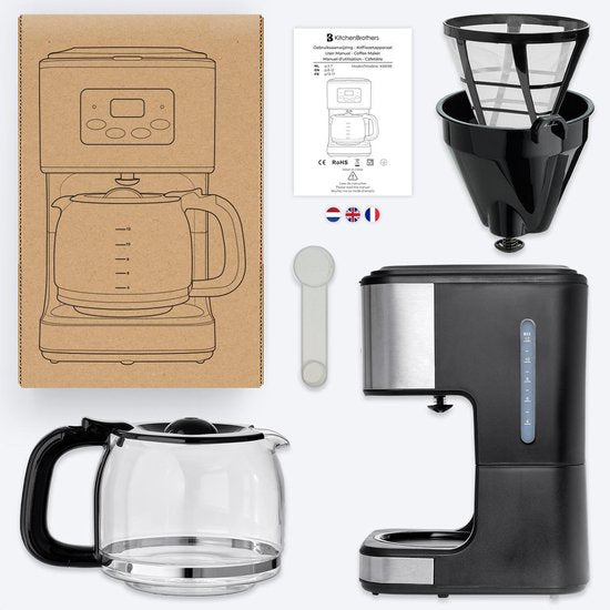 KitchenBrothers Koffiezetapparaat - Filterkoffie - met Glazen Kan - 12 Koppen - Zwart/RVS