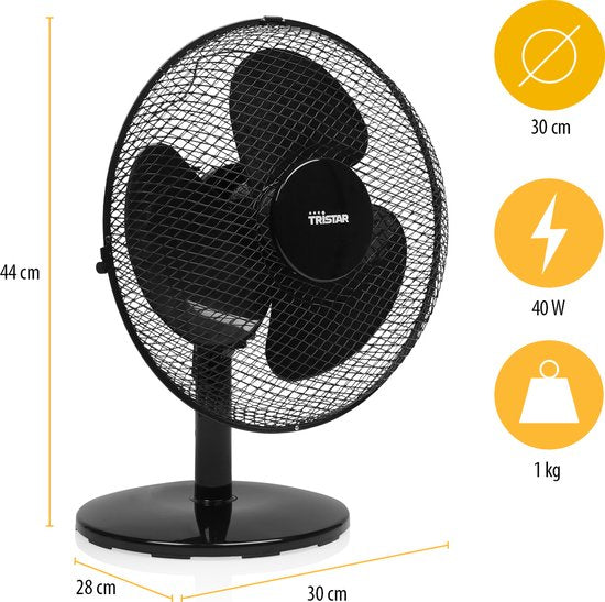 Tafelventilator 30 cm – 3 Snelheden – 85° Oscillatie – Verstelbare Luchtstroom – Tristar VE-5725 – Zwart