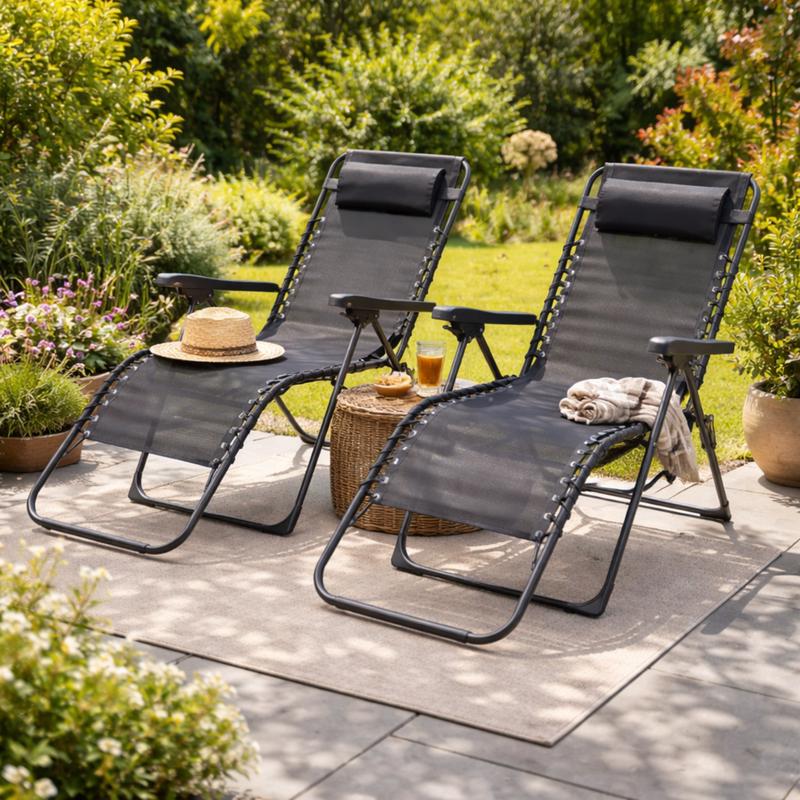 Luxe Tuinstoel Set van 2 - Inklapbaar met Kussens - Staal - Zwart