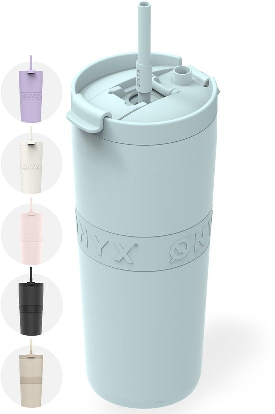 ONYX Drinkfles met Rietje 700ML - Waterfles voor Kinderen & Volwassenen - Thermosbeker RVS Travel Mug - Motiverende Drinkbus - Drinkbeker voor School - Pastel Blue