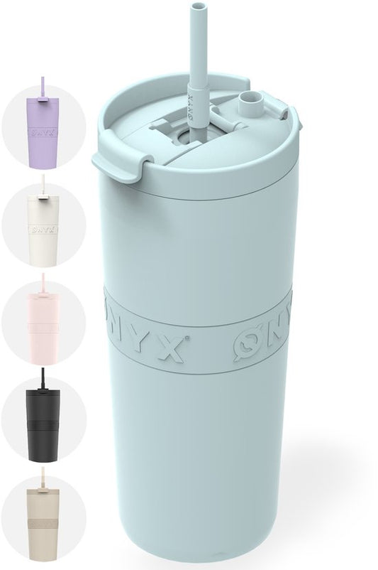 ONYX Drinkfles met Rietje 700ML - Waterfles voor Kinderen & Volwassenen - Thermosbeker RVS Travel Mug - Motiverende Drinkbus - Drinkbeker voor School - Pastel Blue