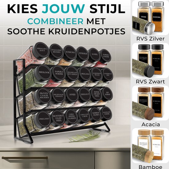 Soothe Kruidenrek Staand en Ophangbaar voor 24 Kruidenpotjes - 4 Lagen - Kruiden Organizer - Kruidenrekken - Kruidenrekje - Zwart