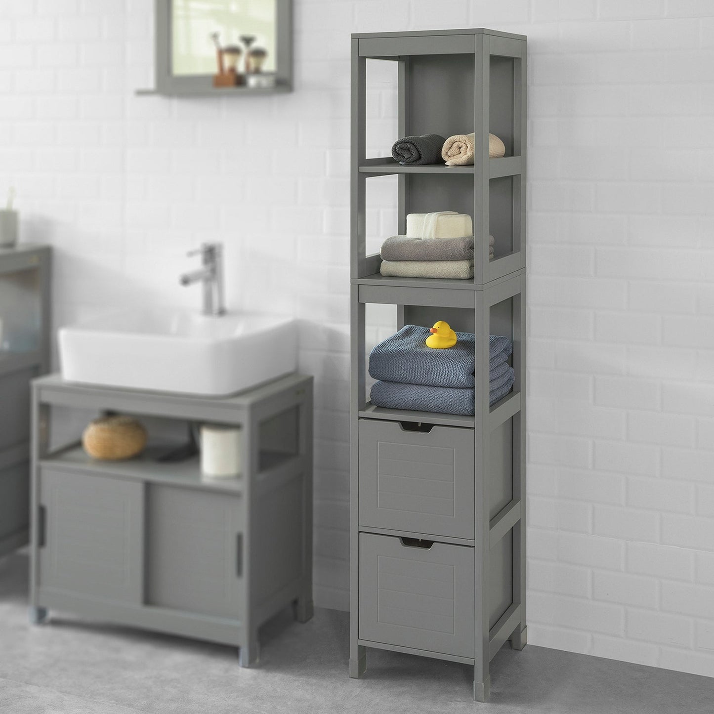 SoBuy Hoge Badkamerkast Met Voetkussen - 2 Lades - Grijs - 30x30x145cm