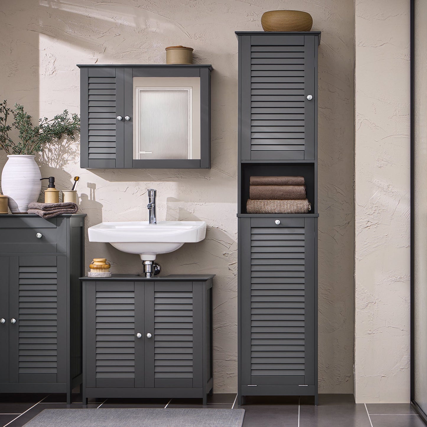 SoBuy Kolomkast - BZR124-DG - Badkamer - Uitneembaar Wasmand - Antraciet