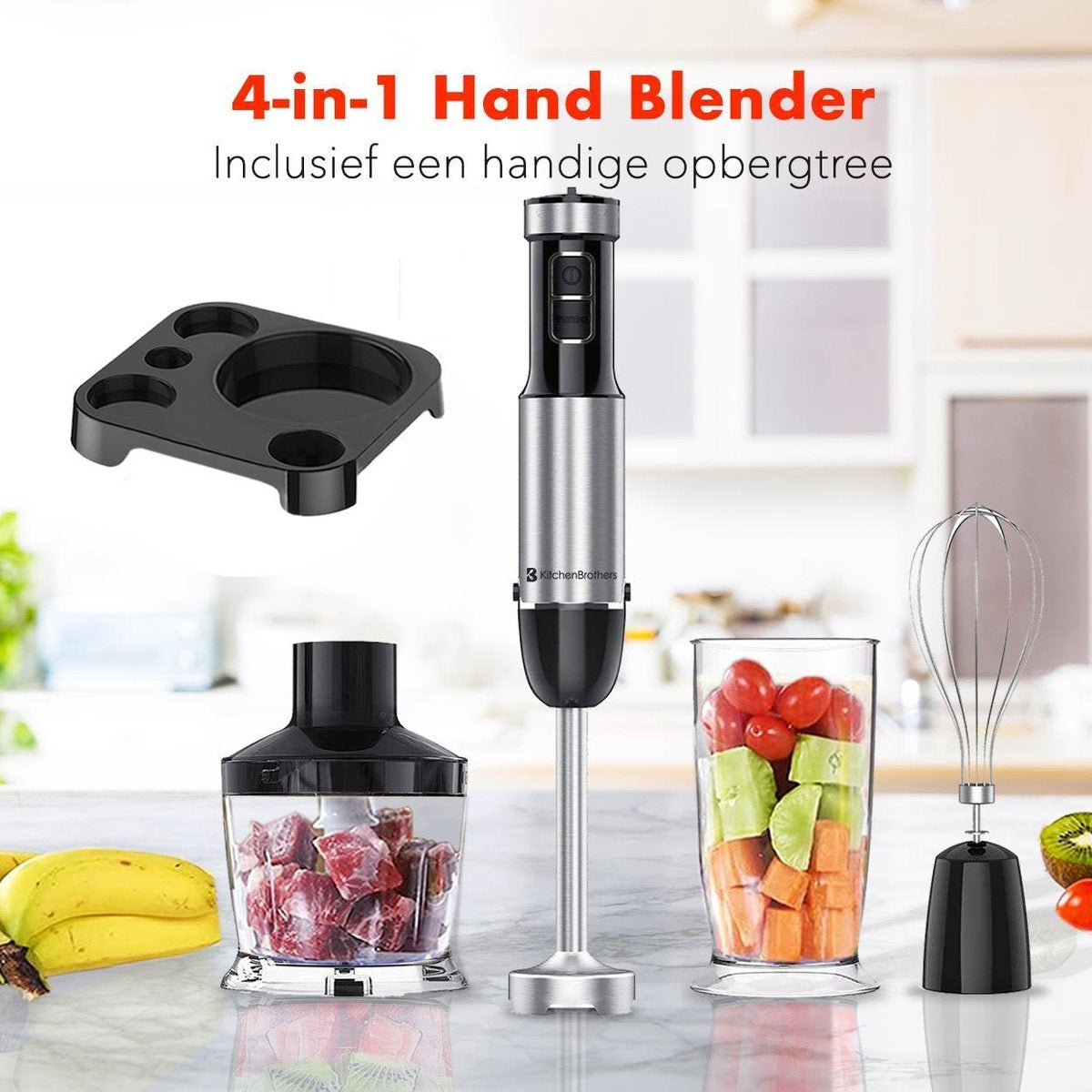 KitchenBrothers Staafmixer Set – 4-in-1 Hakmolen, Garde & Maatbeker – 800W – 6 Snelheden + Turbostand – 600 ml – Zwart/RVS