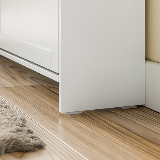 SoBuy Schoenenkast voor ingang, schoenenkast met 2 laden en 4 opklapbare deuren, praktische opslag voor 12 paar schoenen, wit, MDF E1, ideaal voor kleine ruimtes - FSR208-W