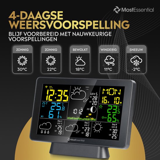 MostEssential Weerstation Wifi Edition - Draadloos Weerstation met Buitensensor - Hygrometer - Binnen en Buiten - 150 Meter Bereik - Inclusief App - Zwart - 2 sensors