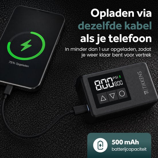 Tikkens® AirGo Elektrische Fietspomp XS - Mini Luchtcompressor - 118 gram - Draagbaar - Digitaal Display - Koersfiets - Racefiets - Gravelbike - Sportfiets - Stadsfiets - Mountainbike - Scooter - Fatbike - USB-C Oplaadbaar - Presta/Schräder/Dunlop