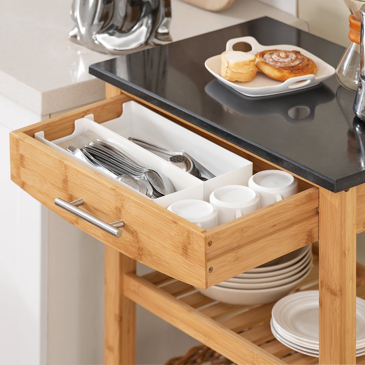 SoBuy Keukenwagen met 1 lade en 2 opbergplanken - Max. 50KG - 58 x 85 x 40 cm - Houtkleur