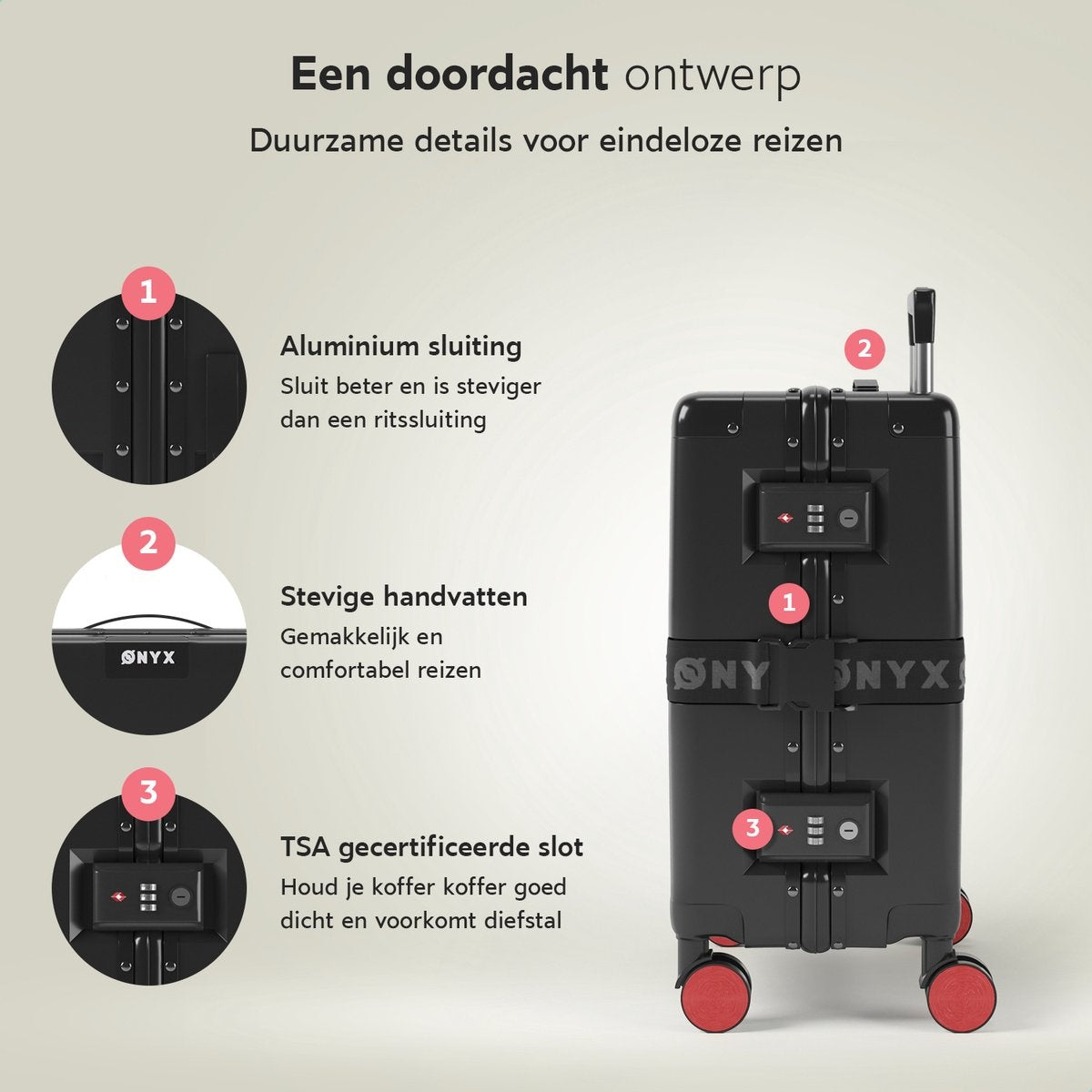 ONYX® Handbagage Koffer Trolley – Ontbreekt Middenband – Voorzien Van Dubbel Tsa-slot En Ritsloze Aluminium Sluiting En Vier Spinnerwielen – Voor Luchtvaartmaatschappij En Reizen – Zwart Polycarbonaat – 33 Liter