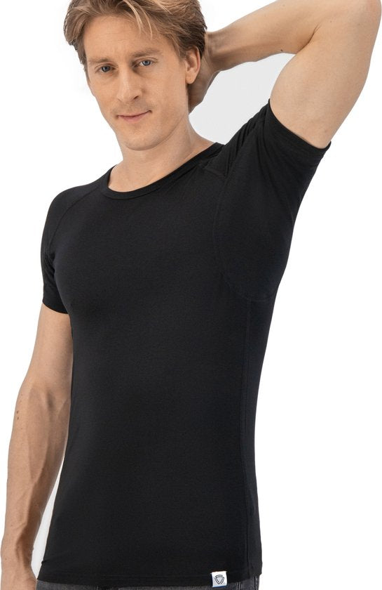 Anti Zweet Shirt - Fibershirts® - Ingenaaide Okselpads- Ondershirt - Zwart - Ronde Hals - Heren - Maat XL