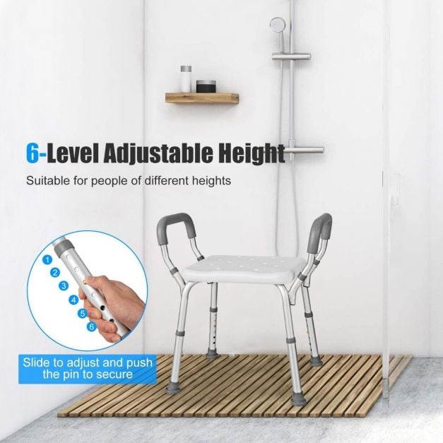 Coast Douchekruk – Hoogte Verstelbaar – Aluminium – Met Armleuningen & Antislip Rubberen Voeten – 59 x 43 x 54-67 cm