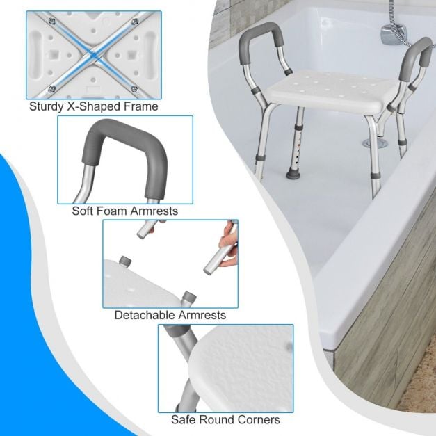 Coast Douchekruk – Hoogte Verstelbaar – Aluminium – Met Armleuningen & Antislip Rubberen Voeten – 59 x 43 x 54-67 cm