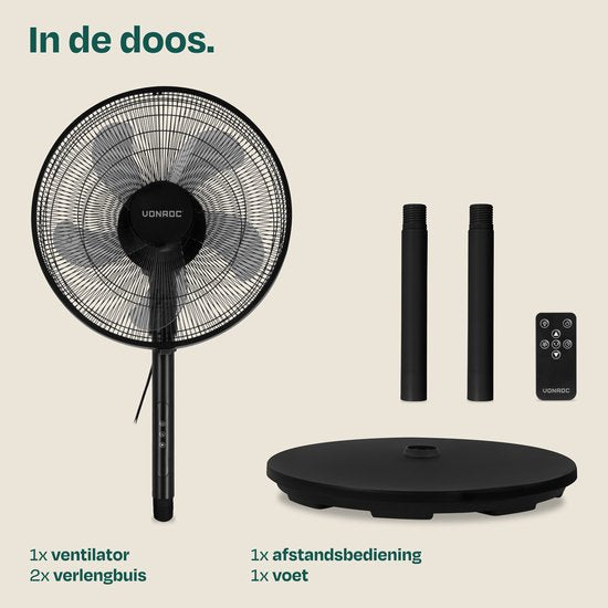 VONROC Vloerventilator - Ø 45,5cm - 3 snelheden – timer - verstelbaar in 3 hoogtes - incl. afstandsbediening - zwart