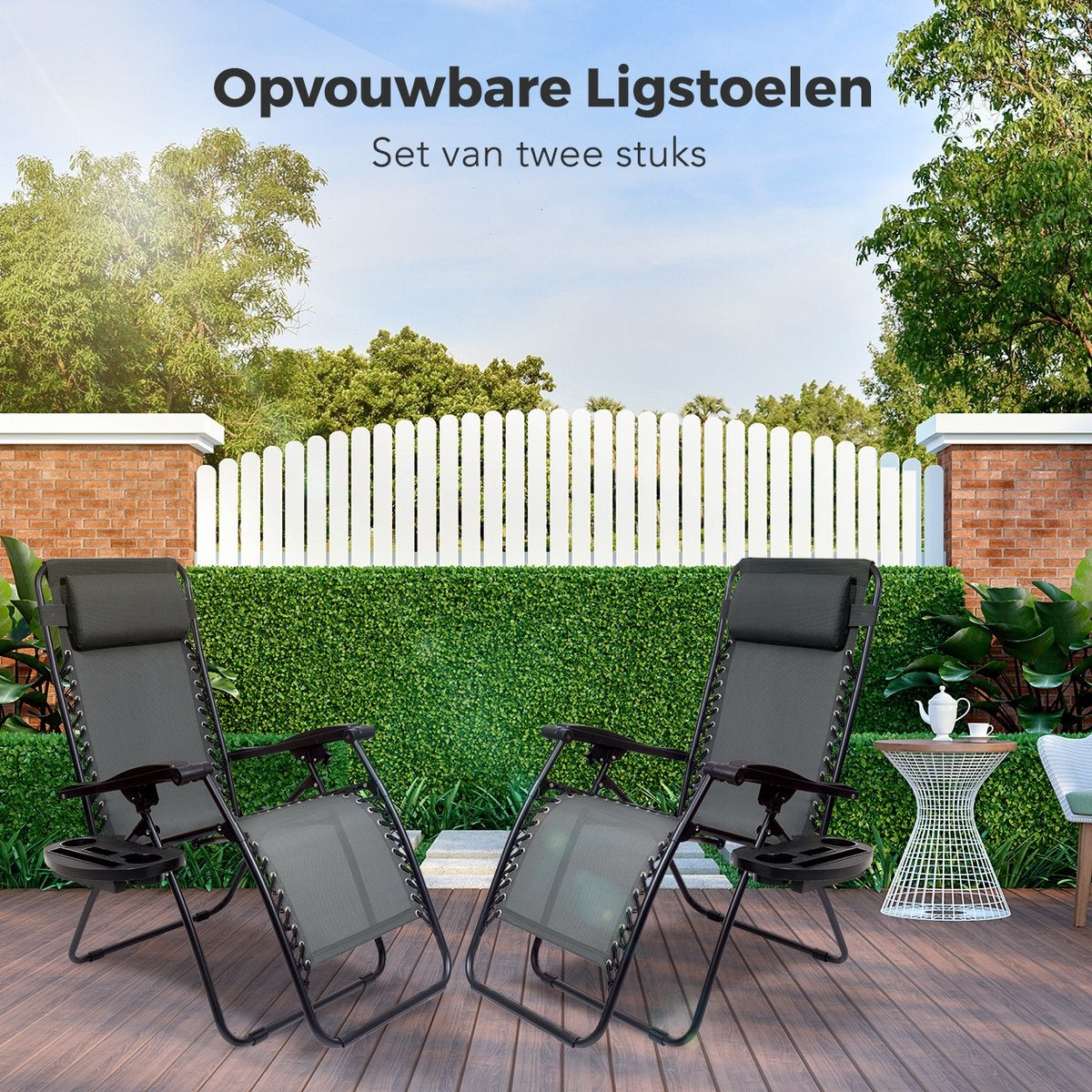 LifeGoods® Opvouwbare Relaxstoelen – Set van 2 – 30°-90° Verstelbaar – Metaal - Met Beker- en Telefoonhouder – Donkergrijs