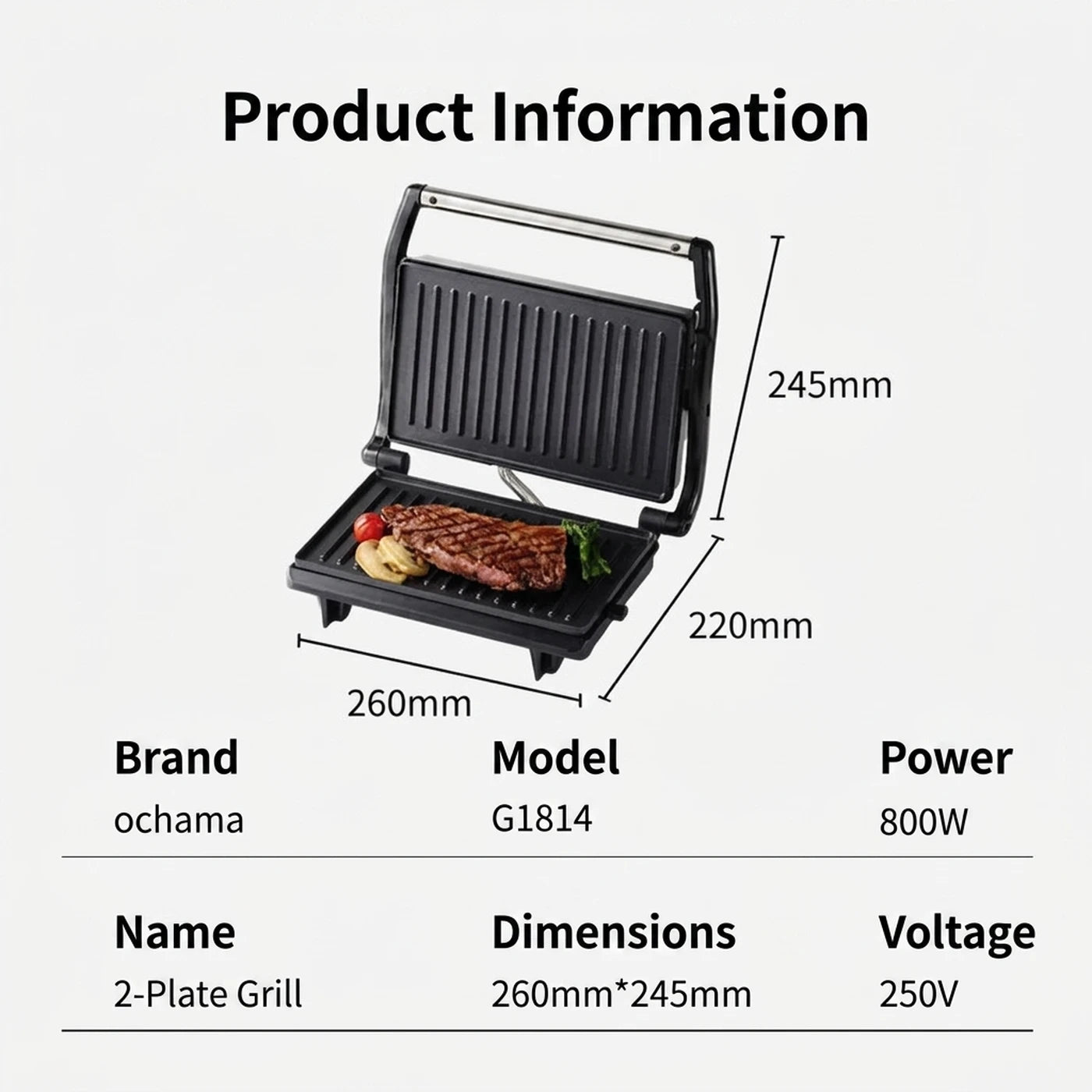 Ochama Contactgrill 800 W - Tosti- en Paninigrill - Antiaanbaklaag - Dubbelzijdige Verwarming - Bakplaten 22,5 x 14 cm