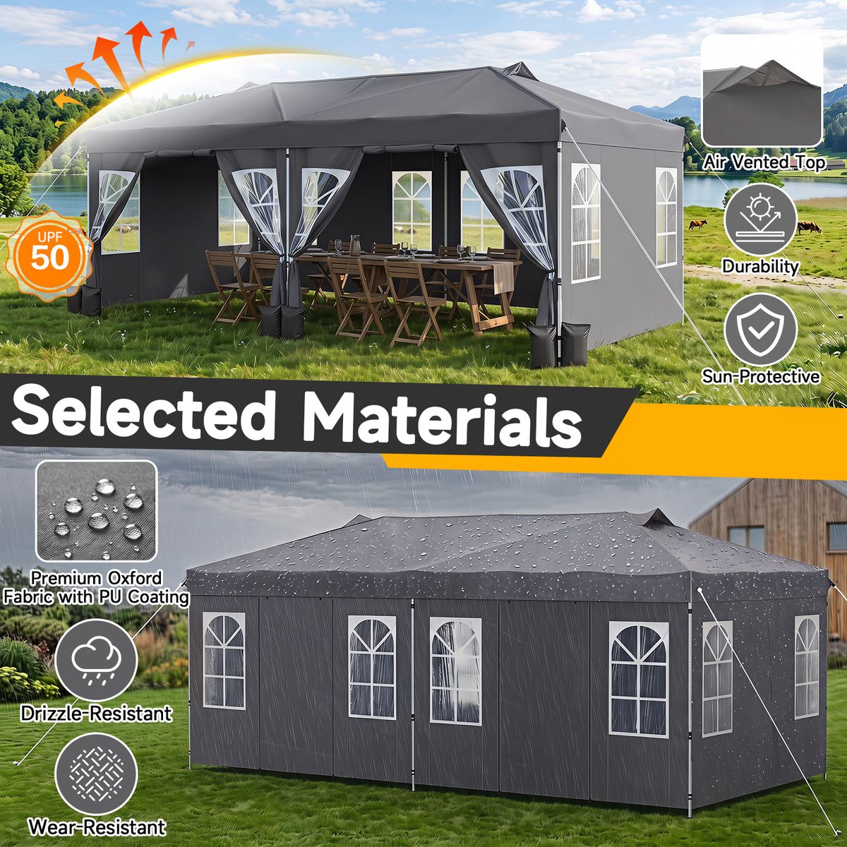 Coast Pop-up Partytent - Hoogteverstelbaar met 6 zijwanden en ramen - Grijs 3x6 meter