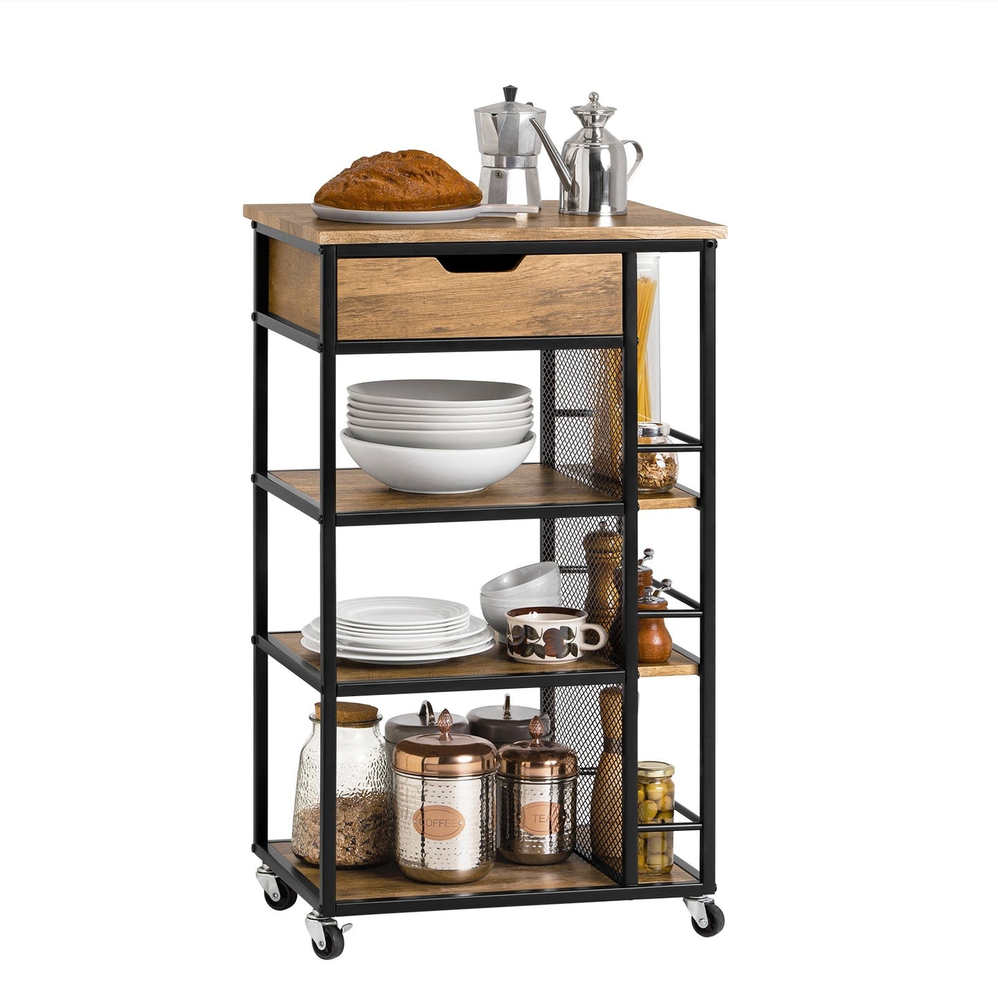 SoBuy FKW99-N Serveerwagen - 6 Planken & 1 Lade - 50x37x87 cm - Zwart/Hout
