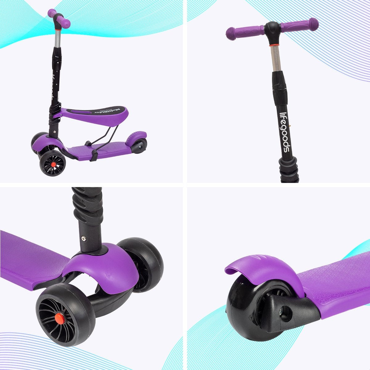 LifeGoods MultiRider Kinderstep - Step 3-8 Jaar - Verstelbaar Zitje - Lichtgevende Wielen - Jongens/Meisjes - Paars