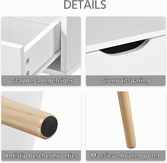 Yaheetech Nachtkastje Bijzettafel Scandinavisch Massief Grenenhout met Lade - 48,5 x 41 x 57,5 cm - Wit