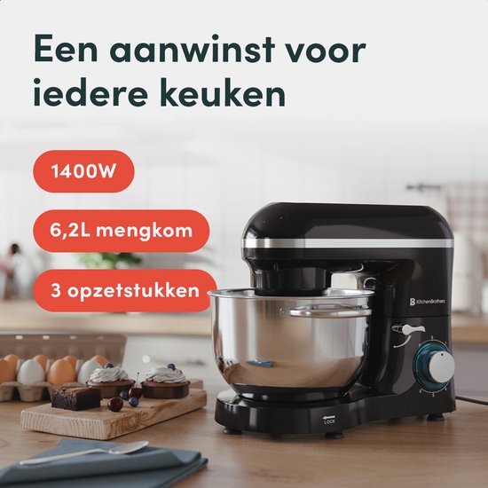 KitchenBrothers Keukenmachine – Incl. Mengkom & Opzetstukken – 1400 W – 38.7 x 23.8 x 31.4 cm – Zwart