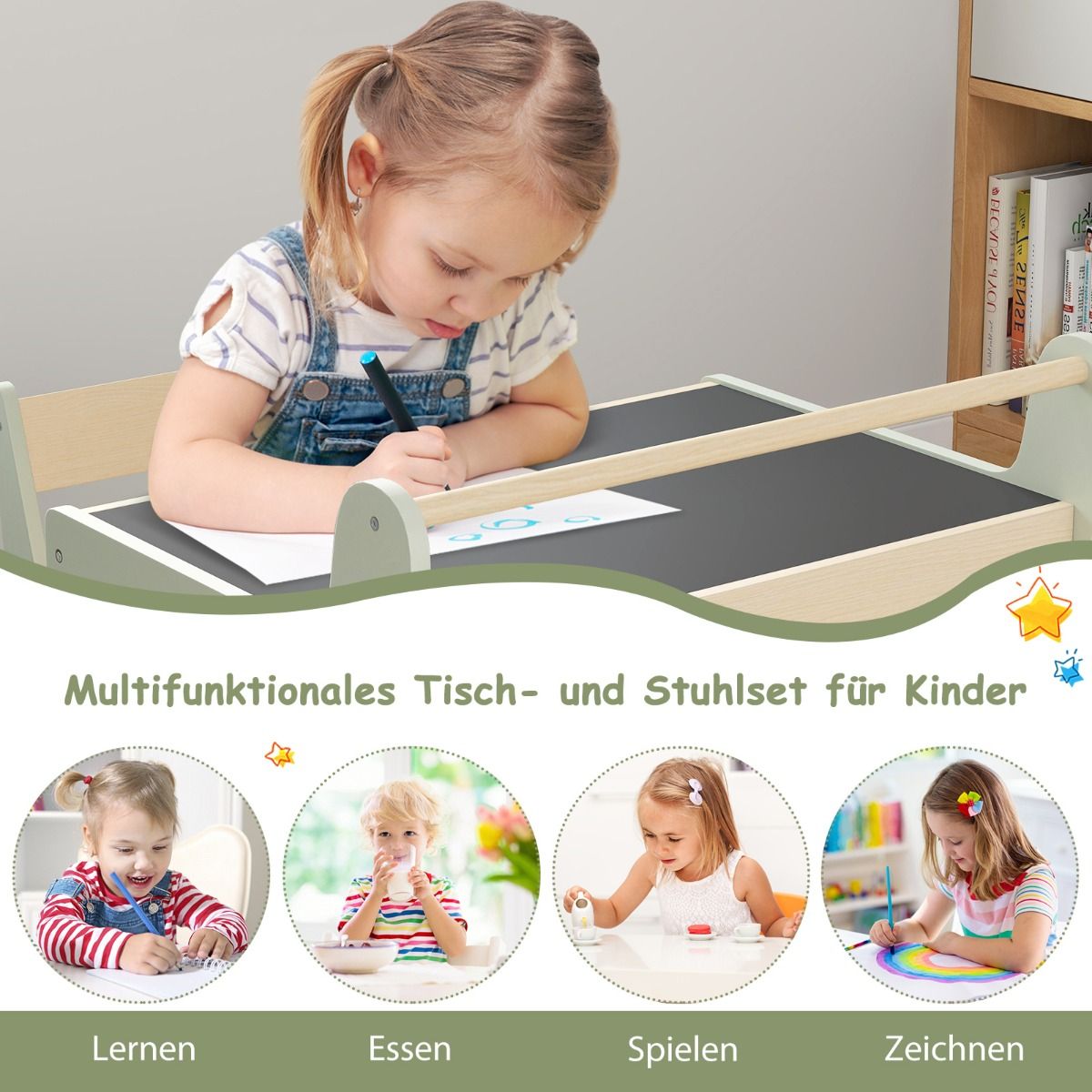 Coast 3-in-1 Kindertafelset - met omkeerbaar tafelblad en verborgen opbergruimte - groen