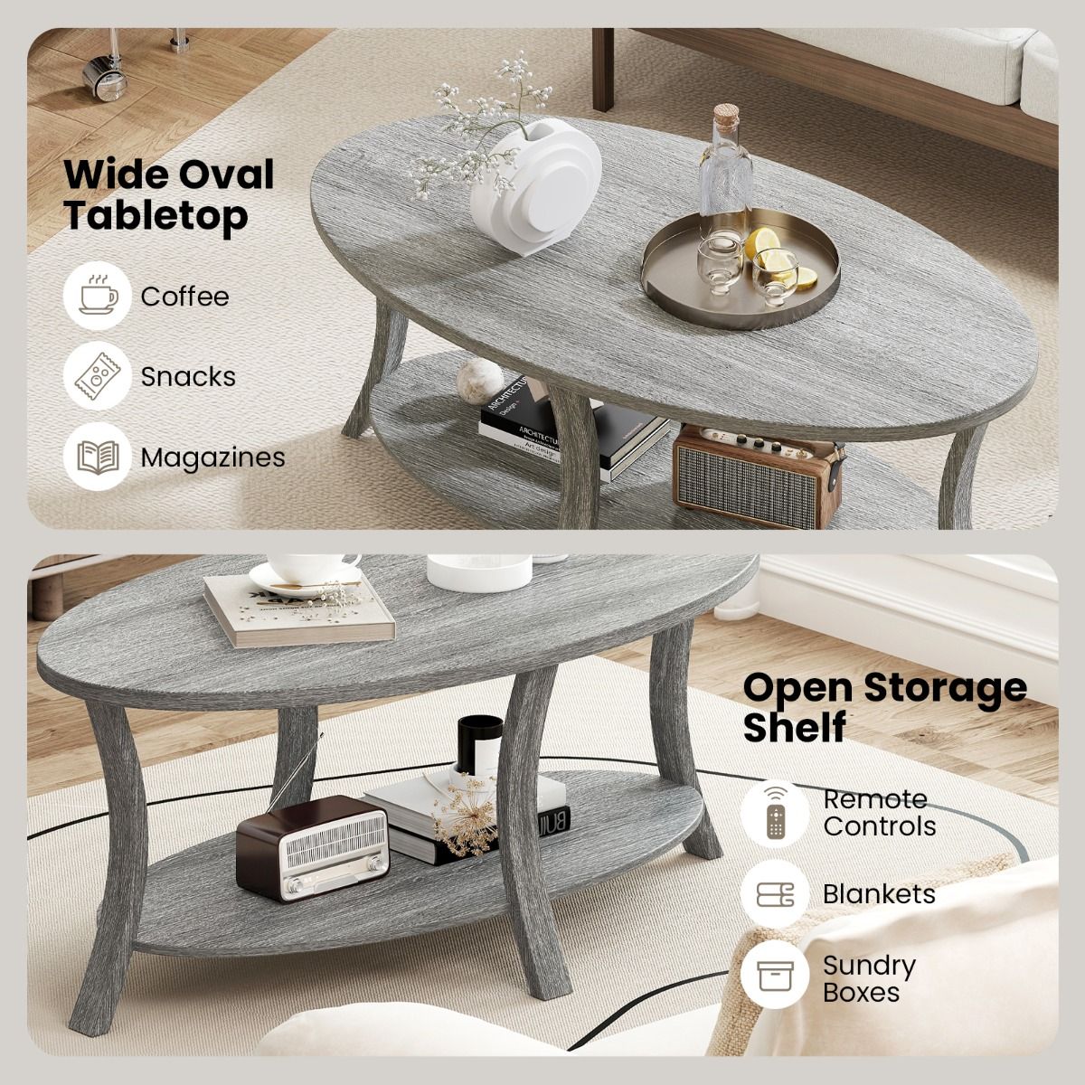 Coast Ovale Salontafel - 2-laags met opbergruimte - rubberhout - grijs - 111 x 60,5 x 47 cm
