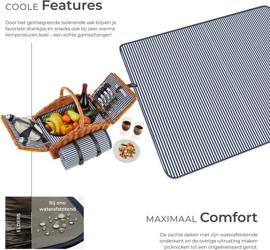 tectake® complete Picknickmand Set Vlieland - Luxe 23-delige Picknick set voor 4 personen - Rieten Picknick Mand met Picknickkleed - Inclusief Koelvak, Set met Borden, Kunststof Wijnglazen en Roestvrijstalen Bestek