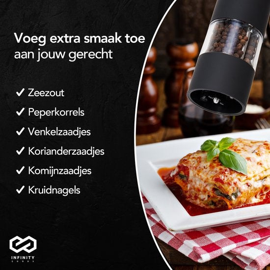 Infinity Goods Elektrische Peper- En Zoutmolen Set - Pepermolen - Zoutmolen - Verstelbare Maalgraad - Kruidenmolen - Zwart