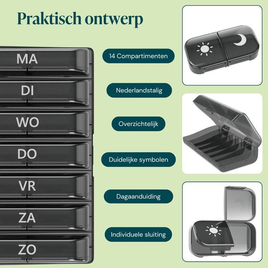 Gandria Pillendoos 7 Dagen 2 Vakken - Nederlandstalig - Medicijndoosje met Stevige Sluiting - Uitneembare Pillendoosjes voor Onderweg - Zwart