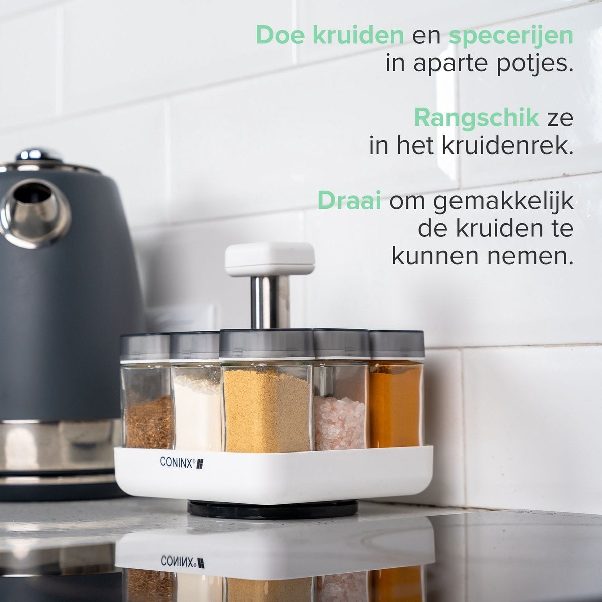 Coninx Kruidenrek Staand met 8 Kruidenpotjes met strooideksel - Draaiend Kruidenrek met Glazen Potjes - Kruidencarrousel Draaibaar - Wit / RVS