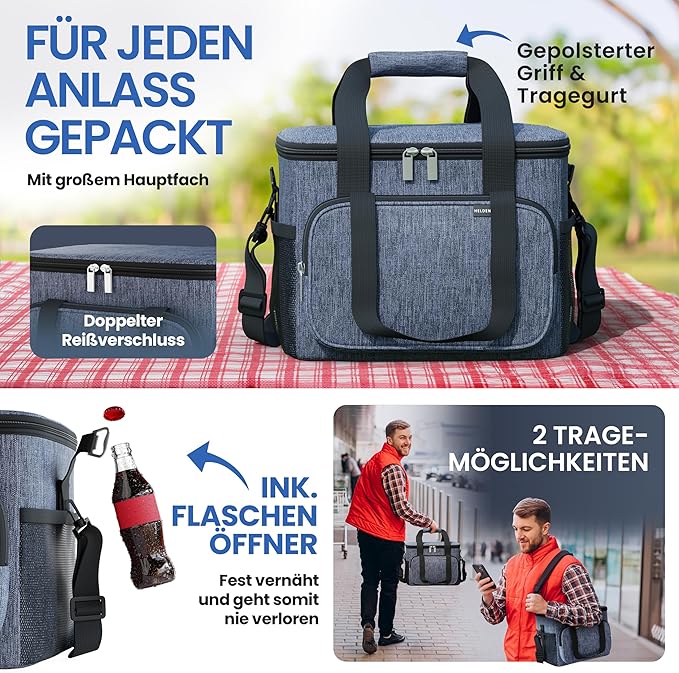 Heldenwerk Grote opvouwbare koeltas – Geïsoleerde koelbox, thermotas, lekvrij en waterdicht – Picknick- en lunchtas – 30 L – Donkergrijs