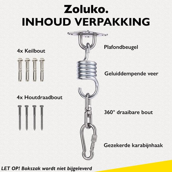 Zoluko RVS Ophangsysteem - 300 KG Draagkracht - 360° vrij draaibaar - Geluiddempende Veer - Bokszak Ophangsysteem - Plafondbeugel - Plafondhaak - Ophanghaak - Schroefhaak - Chroom
