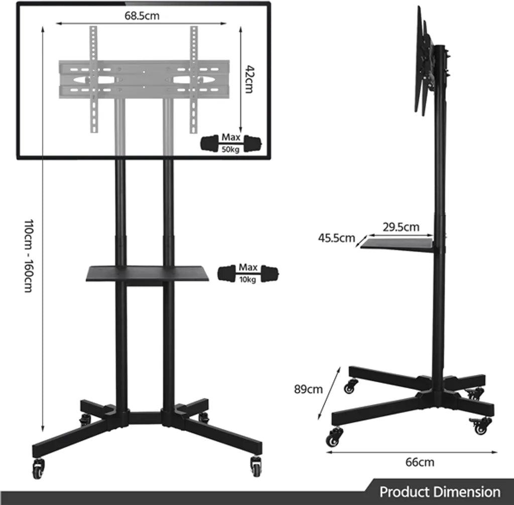 Yaheetech TV-Standaard 32-75 Inch op Wielen met Dubbele Stang, Zwart