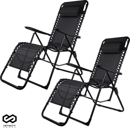 Infinity Goods Opvouwbare Tuinstoelen set van 2- Ligstoelen - Opvouwbaar - Verstelbaar - Ergonomisch Hoofdkussen - Metaal - Textileen - Zwart